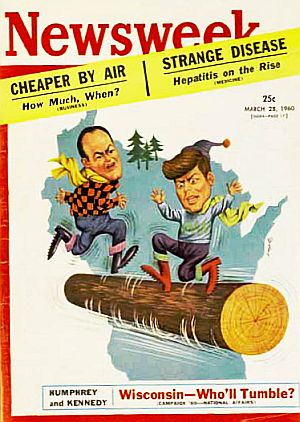 March 28, 1960: A key early test for JFK came in the Wisconsin primary of April 5th, 1960, as Newsweek asked: “Who’ll Tumble?”– Humphrey or Kennedy?”.