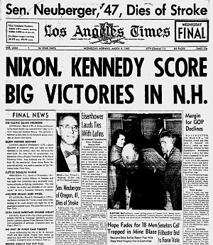 Los Angeles Times headline announces JFK and Nixon victories in the March 8, 1960 New Hampshire primary. 