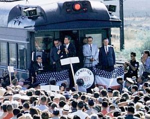 Sept 8-9, 1960: JFK speaking from back of train during two-day California whistlestop tour. Photo, C. Capa