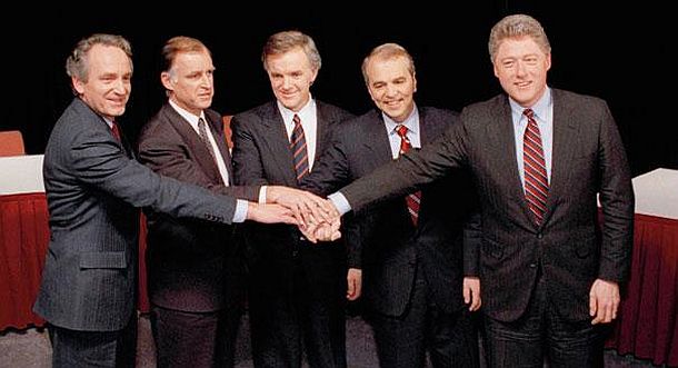 1992: Jerry Brown, 2nd from left, was among the candidates competing for the 1992 Democratic Presidential Nomination, then including Sen. Tom Harkin (IA), far left, and R-L from Brown: Sen. Bob Kerry (NE), former Sen. Paul Tsongas (MA), and Arkansas Governor, Bill Clinton. AP photo, prior to a debate forum.