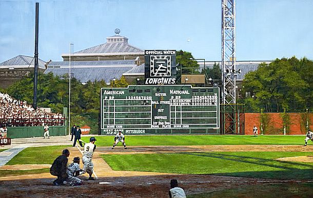 This is a painting of the black-and-white photograph used at the top of this article.  It is the work of Graig Kreindler, and there are more of these “golden era” baseball paintings at his website, http://graigkreindler.com/
