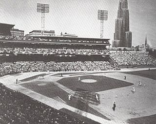 Another shot of Forbes Field, which is located in the Oakland section of Pittsburgh, with the University of Pittsburgh’s “Cathedral of Learning” tower seen in this photo.