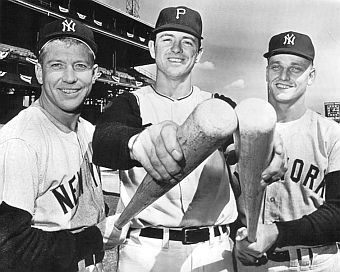 Promotional photo for the 1960 World Series with Mickey Mantle (L) and Roger Maris (R) flanking the Pirates’ Dick Stuart, who as a minor leaguer in 1956, hit 66 home runs.
