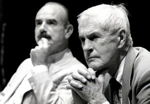 G. Gordon Liddy (left) and Timothy Leary (right) at one of their joint appearances in the 1980s.