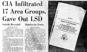 Part of the front page of the Washington Post, June 11, 1975, reporting on Rockefeller Commission findings that the CIA conducted LSD experiments. including one in which a U.S. Army scientist had died (i.e.,:"Suicide Revealed" sub head).