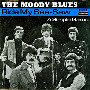 1968: The Moody Blues, as seen on the cover sleeve of one of their singles, "Ride My See-Saw." Click for digital version.
