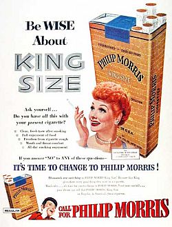 1953: Sample magazine ad featuring Lucille Ball pitching Philip Morris cigarettes.