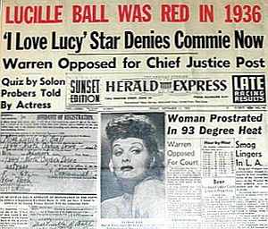 Headline from Sept 11th, 1953 “Los Angeles Herald Express” charges: “Lucille Ball Was Red in 1936."