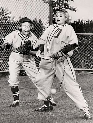 “Lucy Show” episode in which Vivian and Lucy are involved with baseball, and in this scene, Lucy appears to be trying to catch fly balls with her trousers.