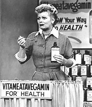 May 1952: From "Lucy Does a TV Commercial," when Lucy is hired as the ‘Vitameatavegamin’ girl pitching a special patent-medicine vitamin product. Click for framed photo collage & episode summary.
