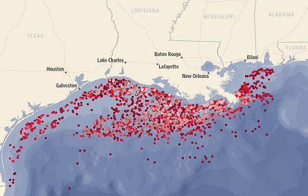 Map of oil rigs in the Gulf of Mexico, compiled by the Wall Street Journal in December 2010, w/story, “Growing Old in the Gulf”.