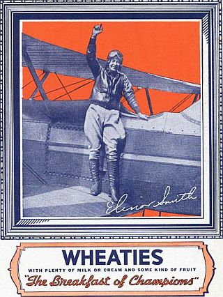 In 1934, Elinor Smith became the first woman to appear on a Wheaties cereal box – then on the back panel. Wheaties would not put a woman on the front of the box until 1984 when gymnast Mary Lou Retton won the honor. Click for collectible.