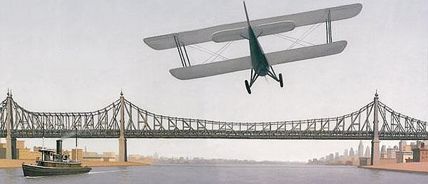 Artist’s rendition /recreation of Elinor Smith’s plane approaching the Queensboro Bridge for a “below-the-bridge” flying stunt. Adapted from an illustration by Francois Roca in Tami Lewis Brown’s 2010 book, “Soar, Elinor.” Click for book.