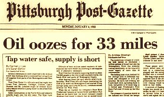 Pittsburgh Post-Gazette of January 4th, 1988, describes river pollution from Ashland oil tank failure & drinking water concerns.