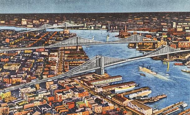 An artist’s rendering from the 1940s showing three of the four bridges on New York’s East River that Elinor Smith and her plane flew beneath on October 21, 1928.  In order, from the top: the Williamsburg Bridge,  the Manhattan Bridge, and the Brooklyn Bridge.  Not shown and further upriver and the first bridge Smith flew under, was the Queensboro Bridge.