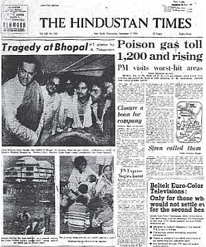 December 5th 1984 edition of The Hindustan Times of India with early reporting on the Bhopal gas leak disaster.