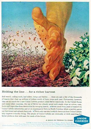 1963 Union Carbide ad titled, “Holding the Line...For a Richer Harvest,” touting its chemical insecticide, Sevin.