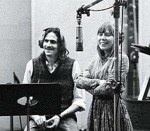 1971: James Taylor and Joni Mitchell providing background vocals in L.A. studio for Carole King's 'Tapestry' album.