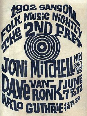 Advertising poster from The 2nd Fret club of Phila., PA, where Joni Mitchell appeared in the 1960s. Click for related CD.