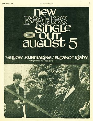 EMI ad on the release of the Beatles’ “Eleanor Rigby” single, appearing in the Friday, August 5th, 1966 edition of the U.K’s “New Musical Express” magazine, which also includes a photo of the Beatles behind a wire mesh fence.
