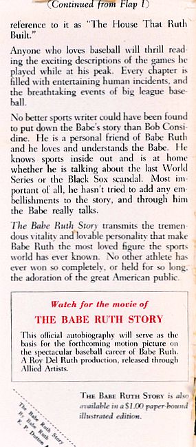 Inside back book flap for “The Babe Ruth Story” also mentioned the forthcoming film & paperback edition.