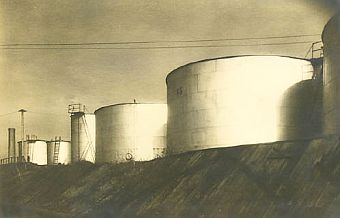 Artist’s rendering of oil storage tanks at Whiting, circa 1940s or so.