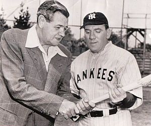 Babe Ruth giving actor William Bendix a few pointers on the art of hitting, May 1948. Ruth was then battling cancer.