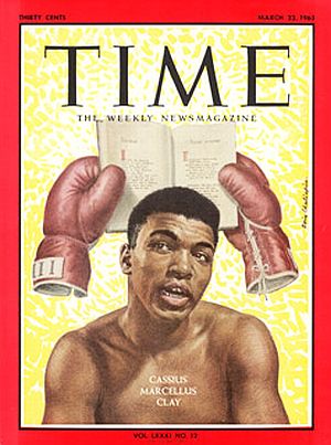 March 22, 1963: Time cover depicting boxer Cassius Clay also as something of a playful street poet. Click for copy.