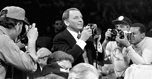 March 8, 1971, Madison Square Garden, NY, NY: Frank Sinatra, on assignment with Life magazine to cover the Joe Frazier-Muhammad Ali World Heavyweight Championship fight, is a popular subject himself, as others snap away.