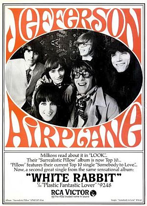 1967 magazine ad touting Jefferson Airplane’s “Surrealistic Pillow” album and the new single, “White Rabbit.”