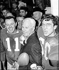 Eagles coach Buck Shaw with Norm Van Brocklin & Chuck Bednarik after winning 1960 Championship.
