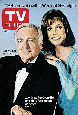 March 1978: Mary Tyler Moore with CBS newsman, Walter Cronkite, hosts of “CBS Turns 50" anniversary special.