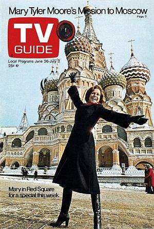 June 1976: TV Guide with Mary Tyler Moore in Moscow's Red Square for a TV special.
