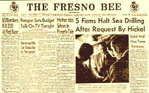 Feb 4th, 1969: Fresno Bee front page – “5 Firms Halt Sea Drilling After Request By Hickel” – also has photo of Hickel holding in-flight press conference w/ reporters.