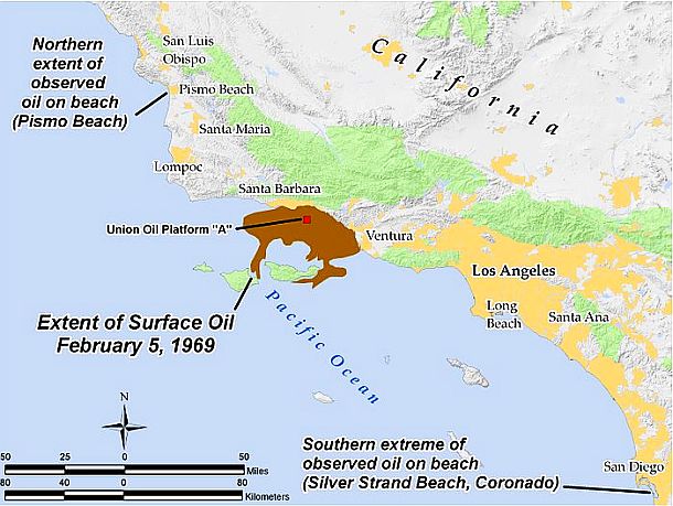 Map showing the extent of the Santa Barbara Oil spill’s surface oil and initial coastal impact as of February 5th, 1969, and later, the spill’s longer reach north to near San Luis Obispo, and as far south as San Diego.