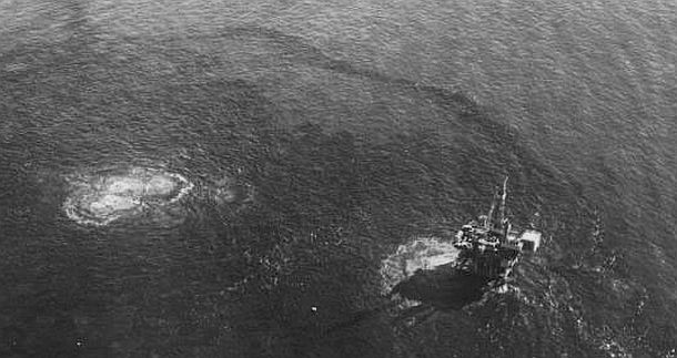 Jan-Feb 1969: Union Oil offshore platform in the Santa Barbara Channel off California shows oil & gas eruptions, or “boil ups” during blow out, polluting ocean and Channel, and later, California harbors and beaches.