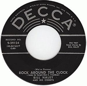 May 1954: Decca record label 45rpm version of “Rock Around the Clock,” by Bill Haley and His Comets. Click for digital.
