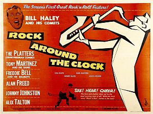 Poster for 1956 film “Rock Around The Clock,” starring Bill Haley, His Comets & others. Click for Prime Video.