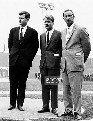 17 April 1964: Ted Kennedy, Robert Kennedy and Stan Musial on the pitcher’s mound at Fenway Park ceremonies, opening day.  Photo, Boston Globe.