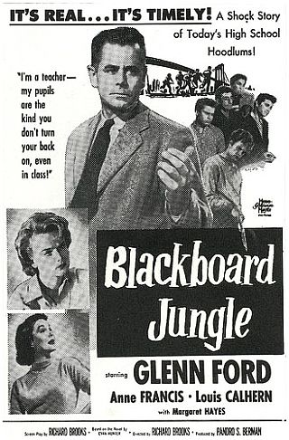 Film poster for “Blackboard Jungle,” the 1955 film starring Glenn Ford that featured “Rock Around The Clock” song. Click for DVD.