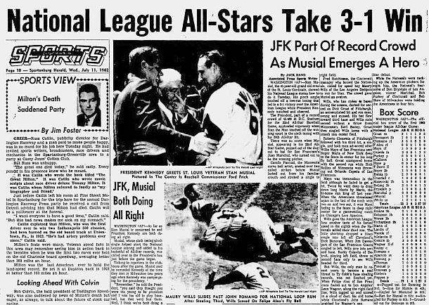 July 11th, 1962 sports page headlines from the Spartanburg, South Carolina “Herald-Journal” newspaper on the outcome of the Major League Baseball All-Star game played in Washington, D.C., where President John F. Kennedy and St Louis Cardinal stand out, Stan Musial, became part of the story.