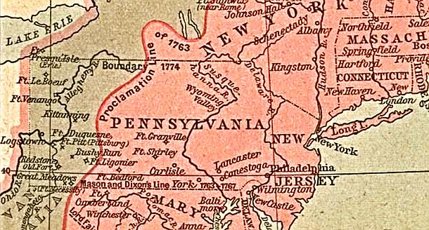 18th century map of some of the early British Colonies, showing the dark mustard-colored area (at left) with various forts in what is today Western Pennsylvania, then a frontier region populated by indigenous American Indians.