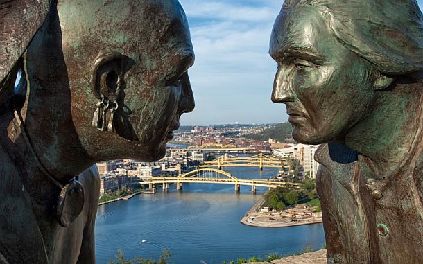 Close up of the “Point of View” sculpture on Mt. Washington, Pittsburgh, PA, looking out at the regional viewshed in a north-northeast direction along the Allegheny River.  Photo, James West, website, http://studiowildwest.com
