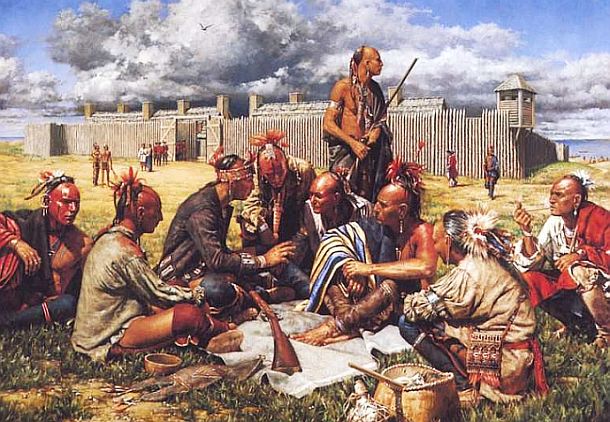 “The Conspiracy” by Robert Griffing, depicting part of the American Indian force that would become loosely allied in Pontiac’s Rebellion – these being Ojibwas at Fort Michilimackinac on Michigan’s lower peninsula. Click for related book.