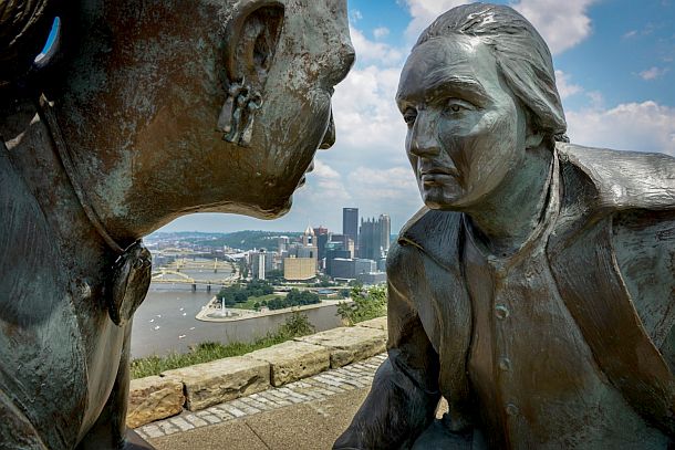 The bronze sculpture, “Point of View,” of Seneca leader Guyasuta meeting George Washington in 1770, overlooks Pittsburgh, PA. It was installed in 2006. Sculptor, James West. (photo, Jim Judkis/Washington Post).