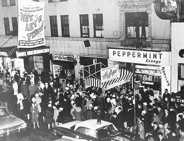 1961: The Peppermint Lounge discotheque at 128 West 45th St., New York, where “The Twist” dance was all the rage, and where Joey Dee & The Starliters had the No. 1 hit, “The Peppermint Twist.”  (Alamy, stock photo). Click for Joey Dee album CD.