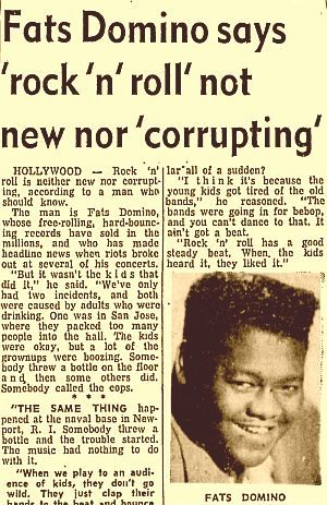 1950s newspaper account interviewing Fats Domino about “riots” at his performances. 