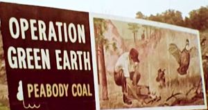 Screen shot from “Ravaged Earth” film showing Peabody Coal Co. billboard in Ohio at “reclaimed” site (next photo). 