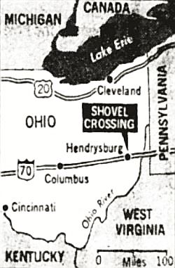 Map shows approximate location in Ohio of a planned I-70 crossing by a giant strip-mine shovel owned by the Hanna Coal Co. N.Y. Times map.