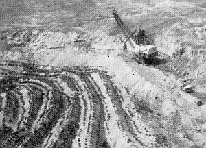 1960s: Aerial view of shovel at work in Ohio and rows of tree/shrub plantings on unleveled spoil piles, lower left. 